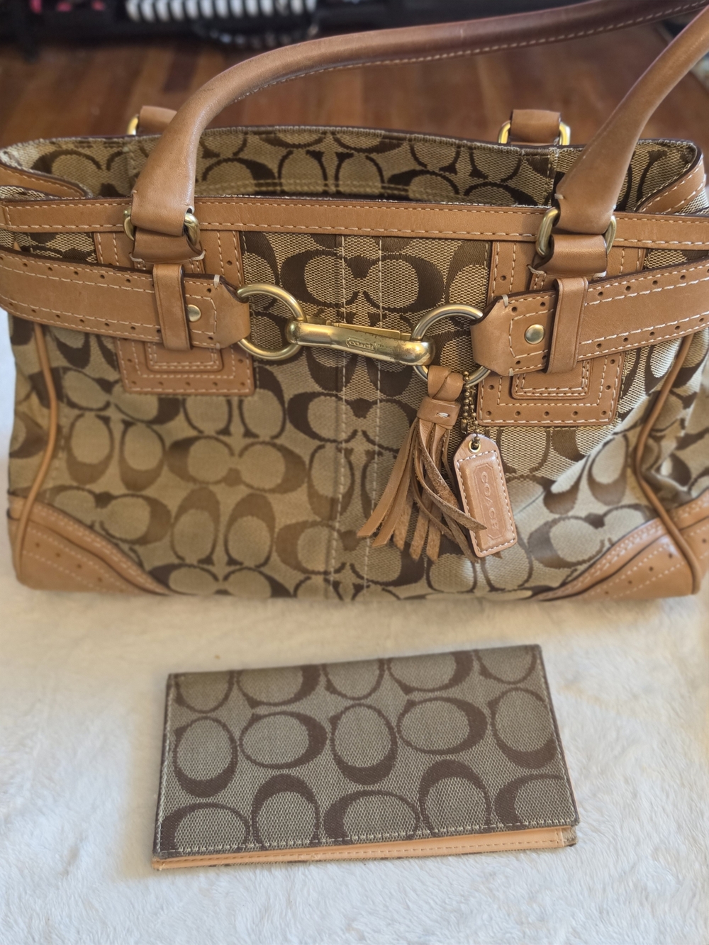 Coach Brown Signature Canvas Satchel with Tan Leather Trim With Checkbook Cover